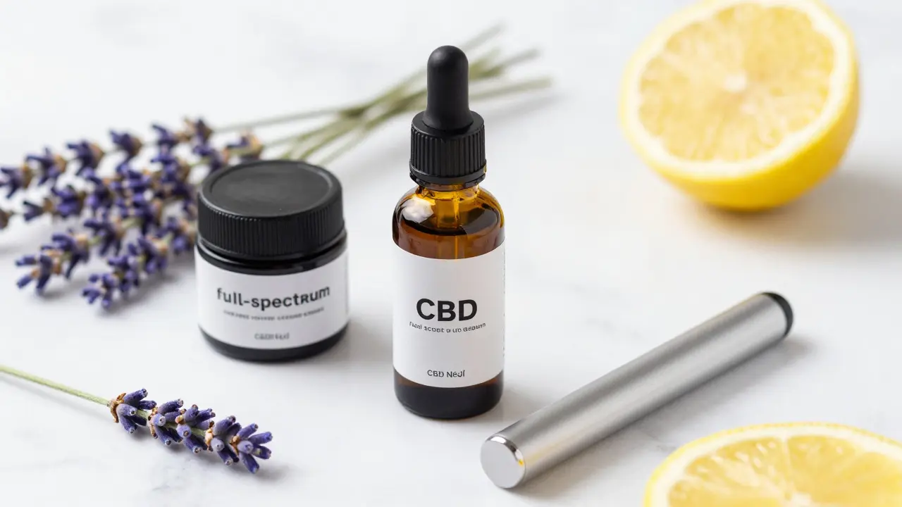Kvalitní CBD produkty a přírodní ingredience na mramoru