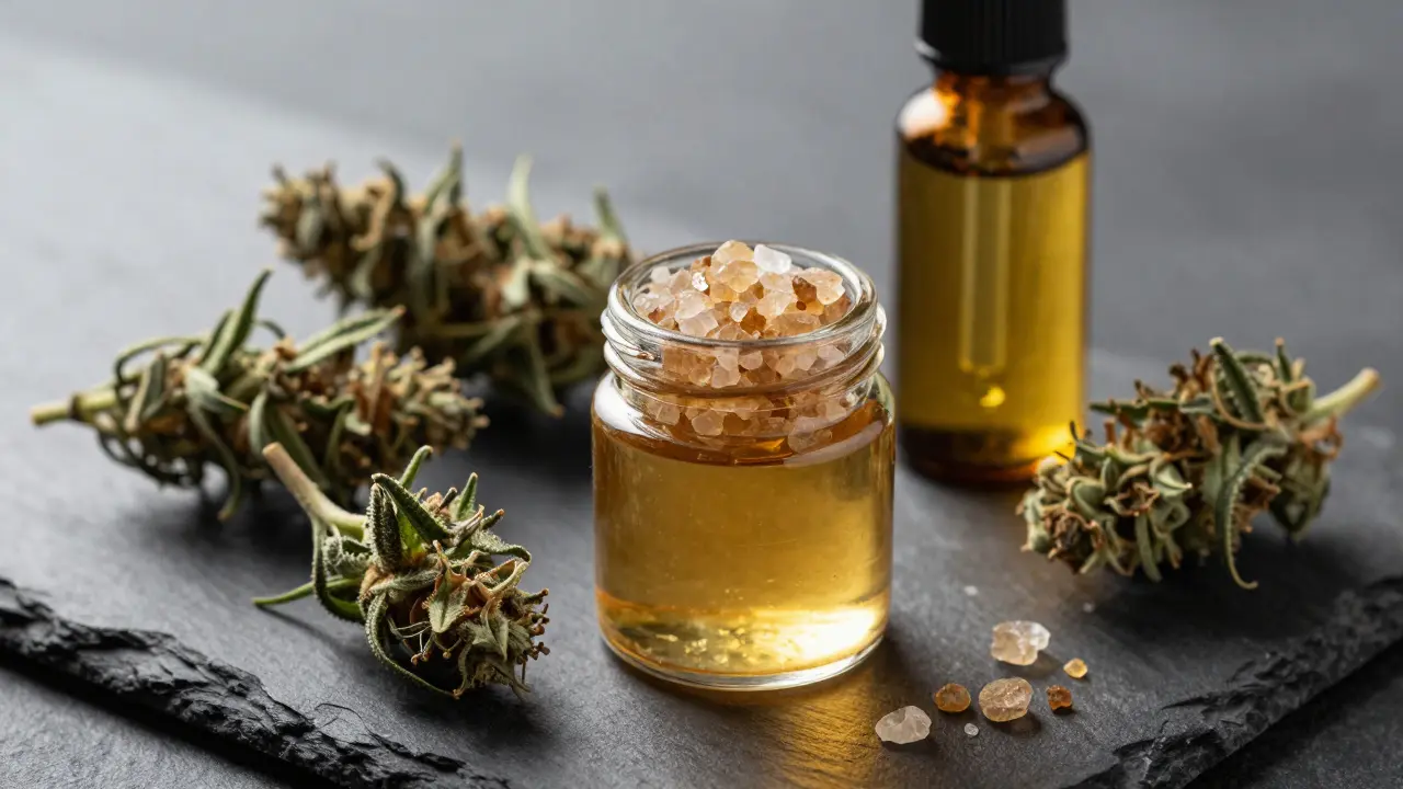 Kvalitní CBD produkty: krystaly, květ a olej na tmavém pozadí