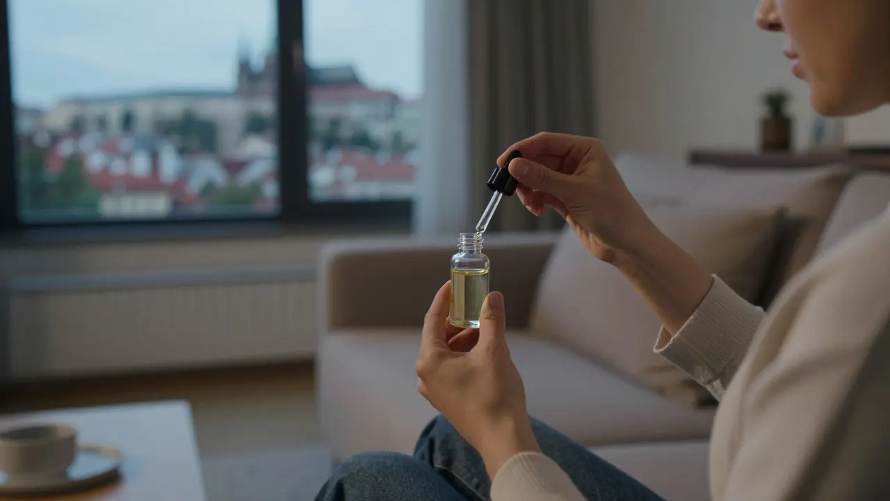Osoba s kapátkem oleje z konopí v moderním českém obýváku