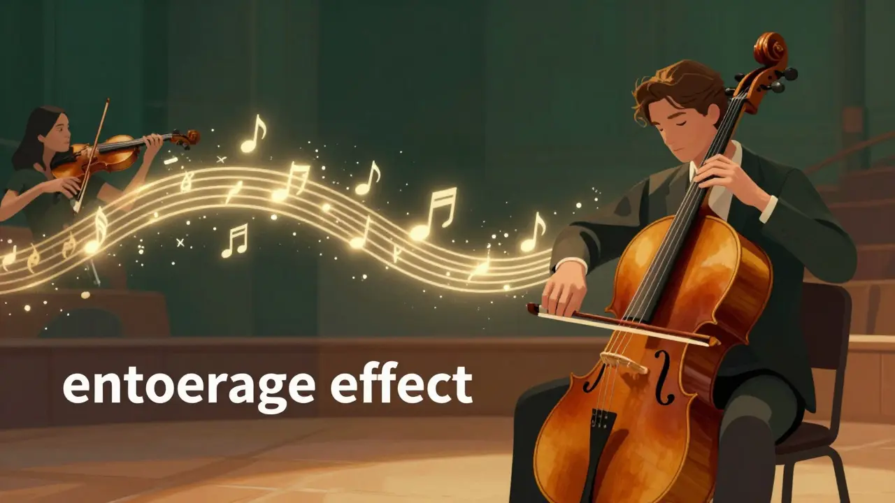 Abstraktní ilustrace entourage efektu jako hudební symfonie se smyčcovými nástroji