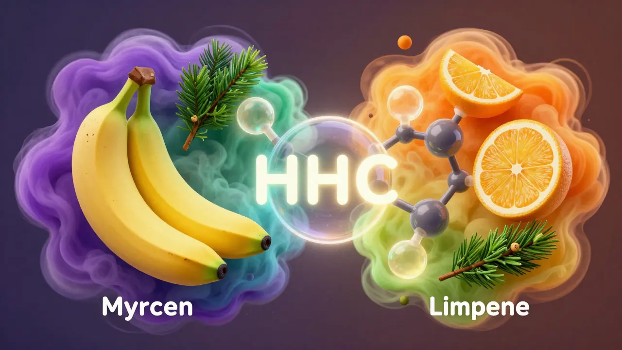 Abstraktní vizualizace molekul HHC obklopených párou terpenů jako banán a citron