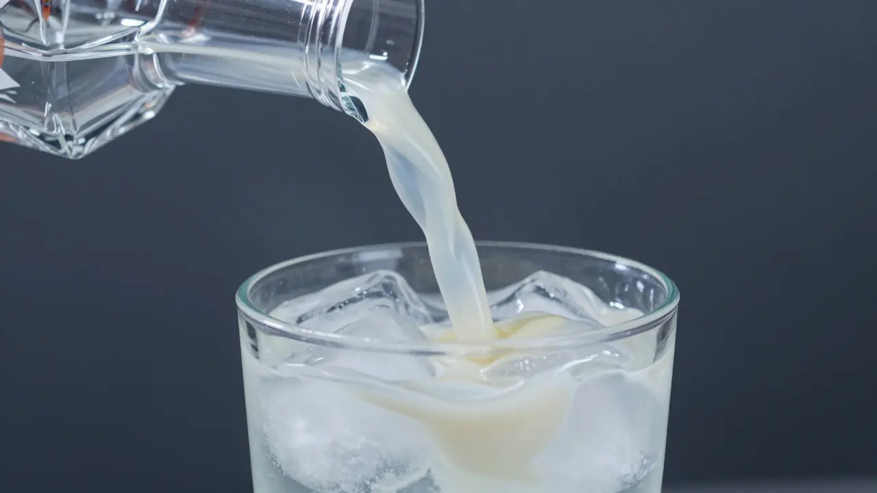 Bílý louche efekt při míchání čirého absintu s vodou ve sklenici