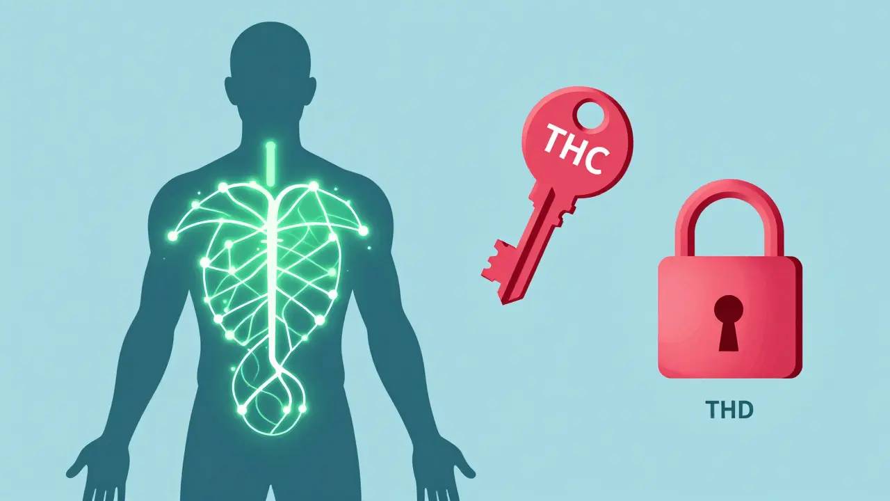 Ilustrace rozdílu mezi účinkem CBD a THC v těle