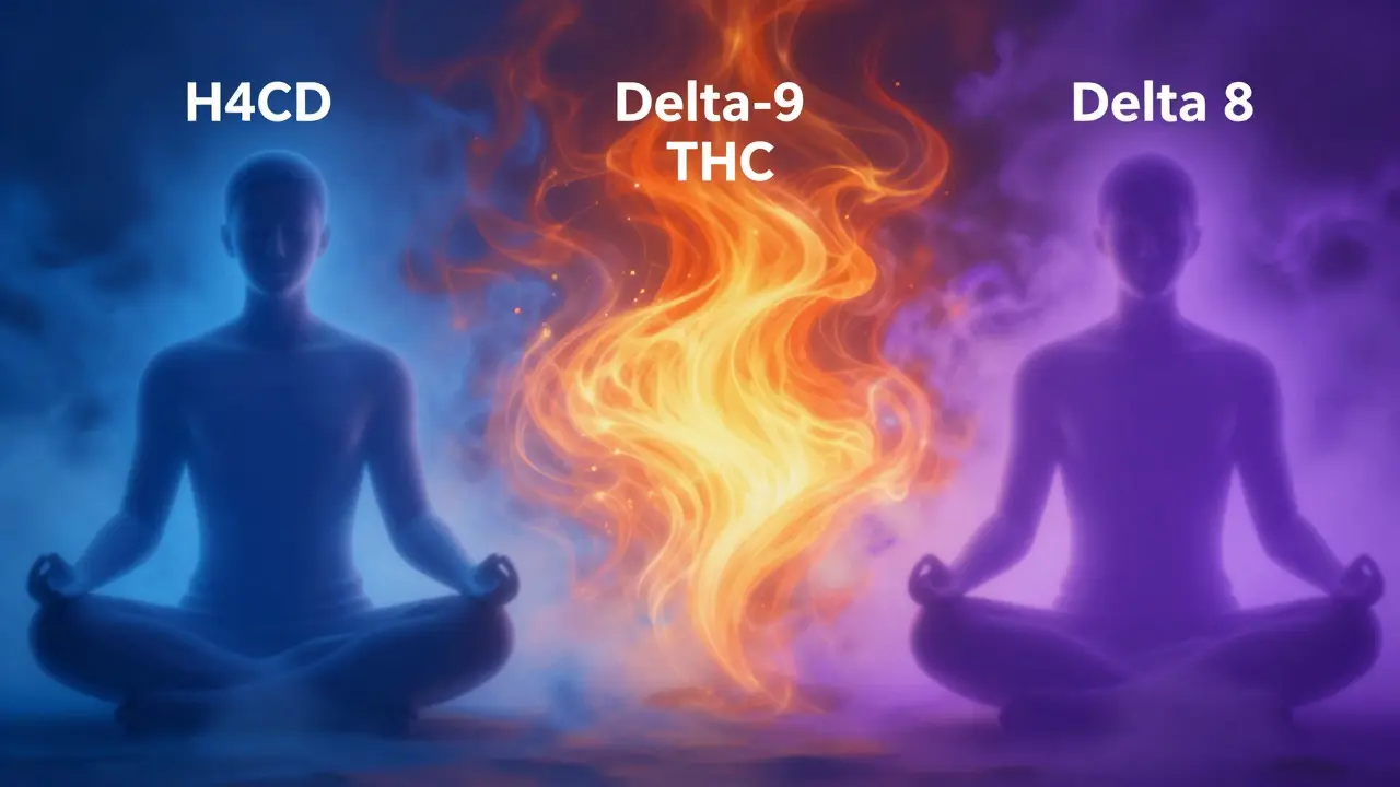 Konceptuální umění porovnávající účinky H4CBD, Delta-8 a Delta-9