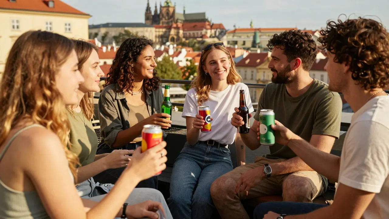 Mladí lidé pijící konopné nápoje na terase místo alkoholu