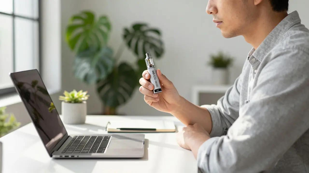 Profesionál v kanceláři používající vapinku pro relaxaci při práci