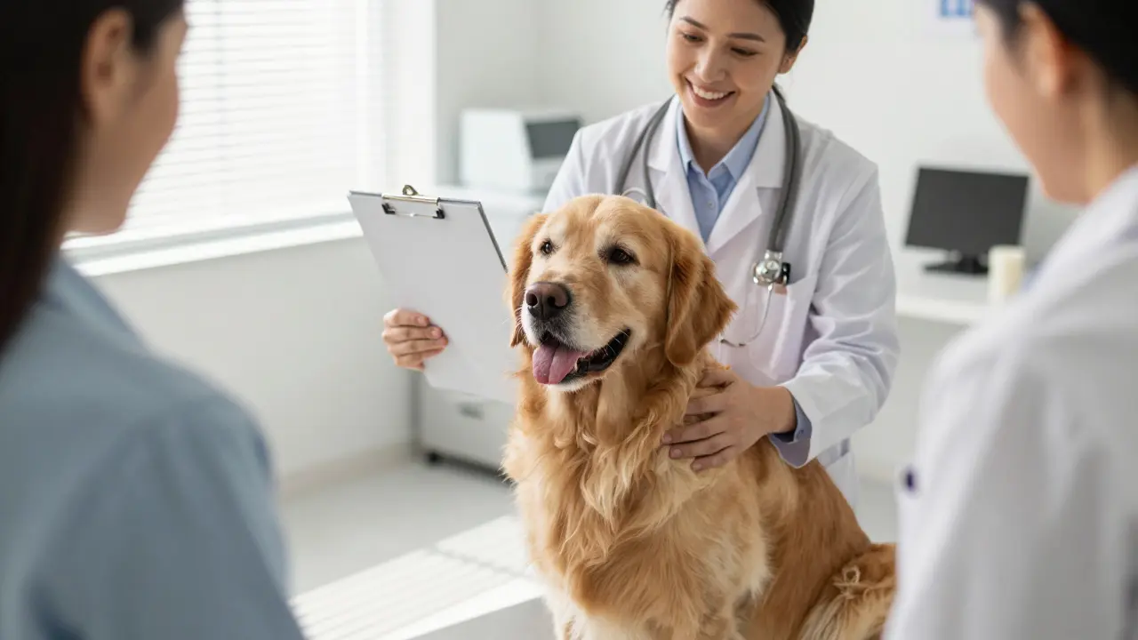 Veterinář vyšetřuje uvolněného zlatého retrívra v ordinaci