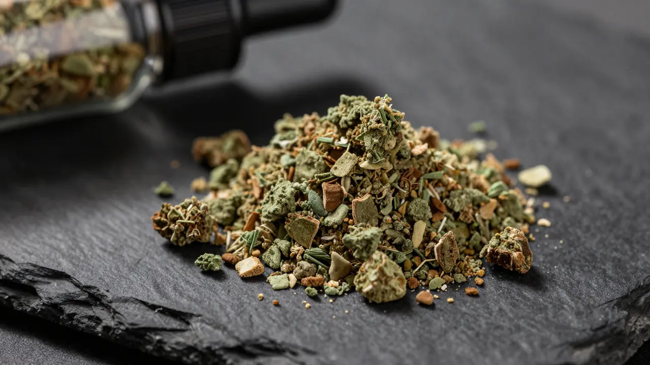 Záběr na křehkou strukturu CBD crumble na tmavém kameni vedle vaporizéru