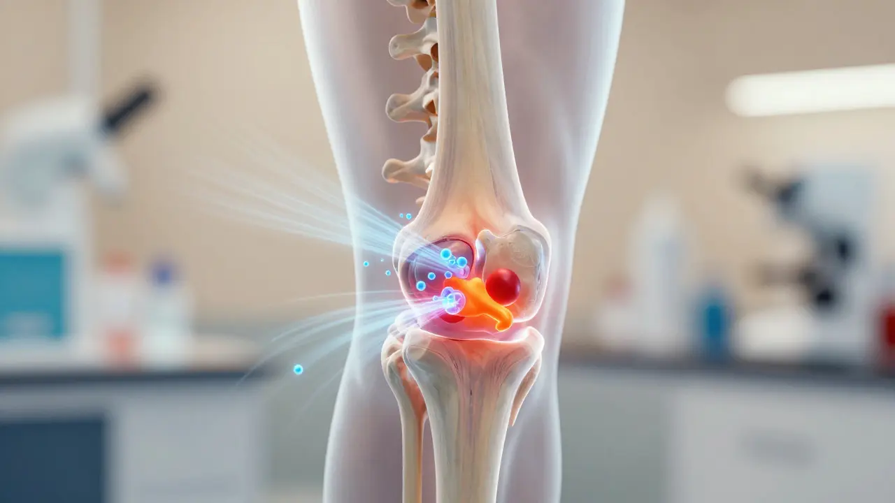 Anatomické zobrazení kloubů, kde modré částice tlumí zánět