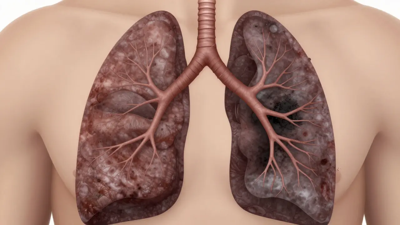 Anatomické zobrazení plic poškozených kouřem a dehtem