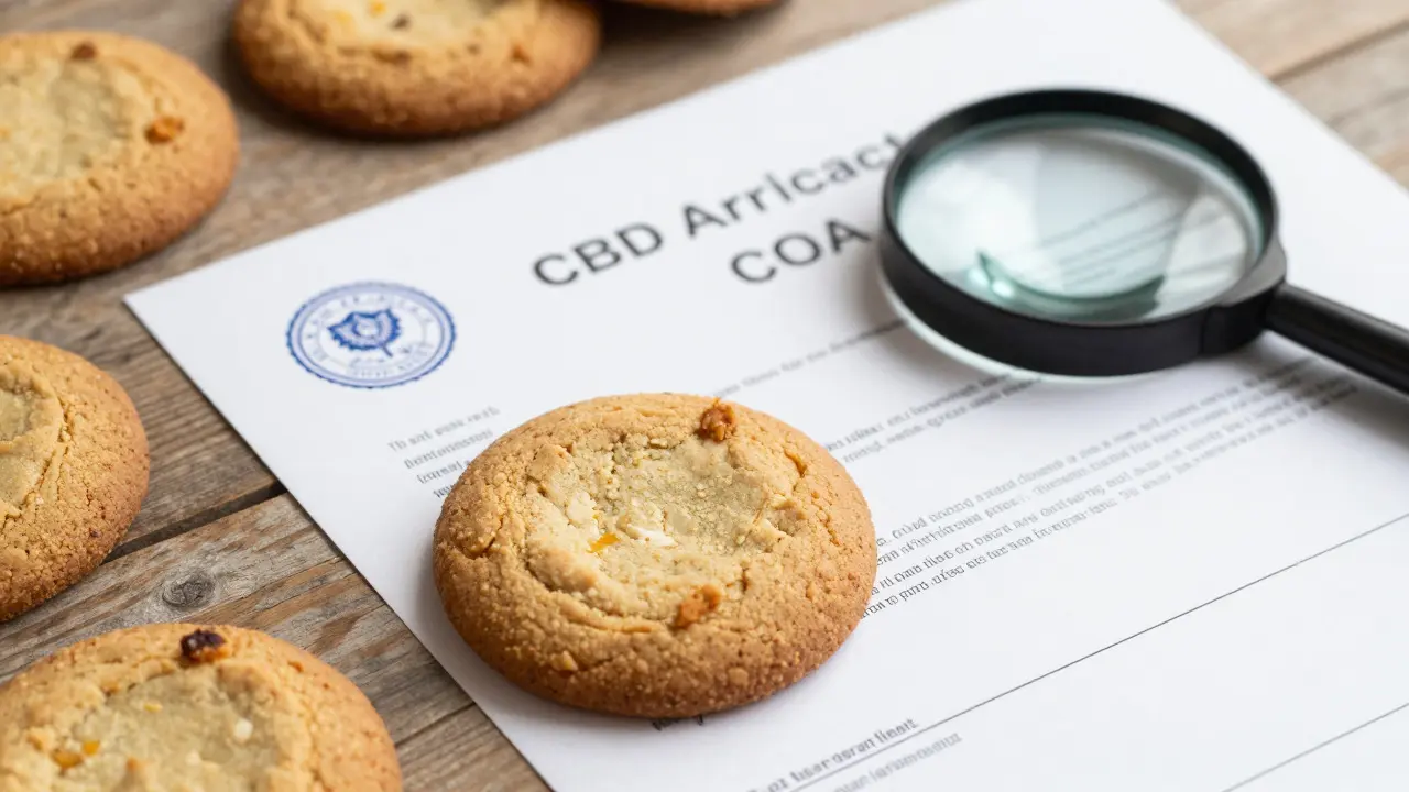 CBD sušenky vedle certifikátu analýzy pro ověření kvality
