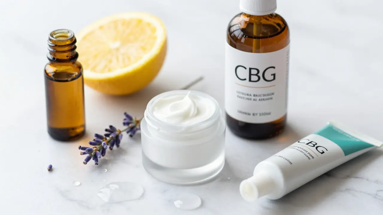 Kosmetické ingredience jako mentol a citrusy vedle krému s CBG