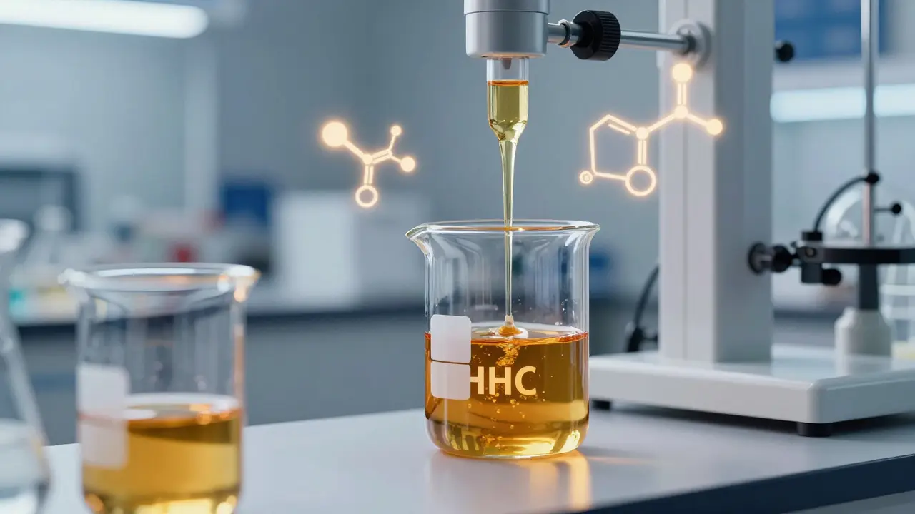 Laboratorní scéna extrakce čistého HHC destilátu s molekulárními strukturami