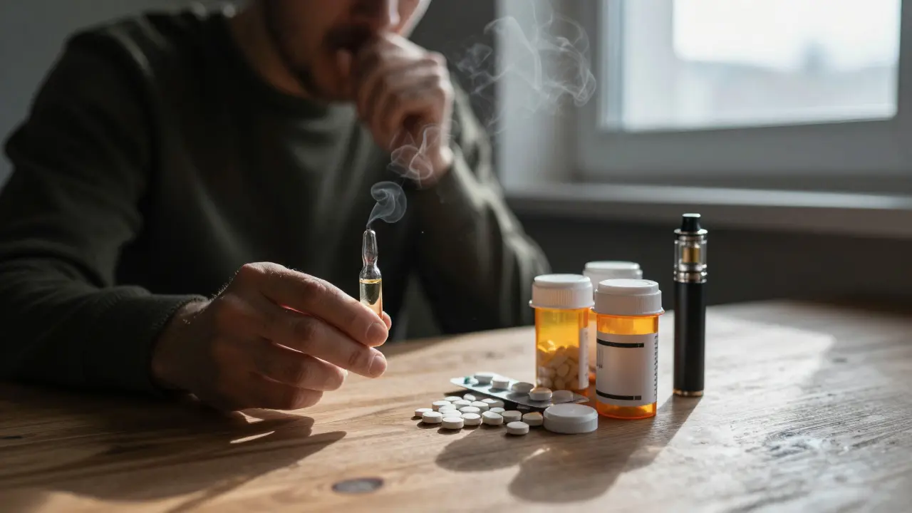 Láhev oleje vedle léků a páry z vapera na stole