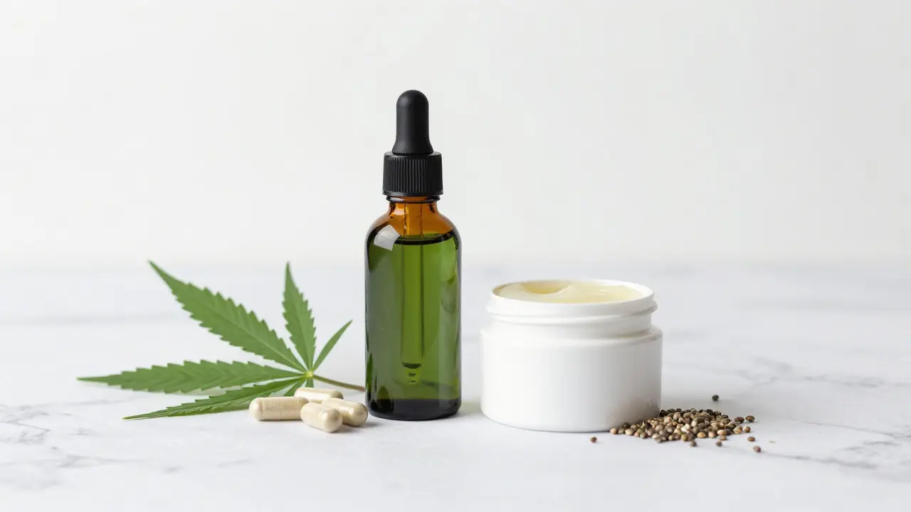 Lahev s CBD olejem a kapsle na bílém mramorovém povrchu