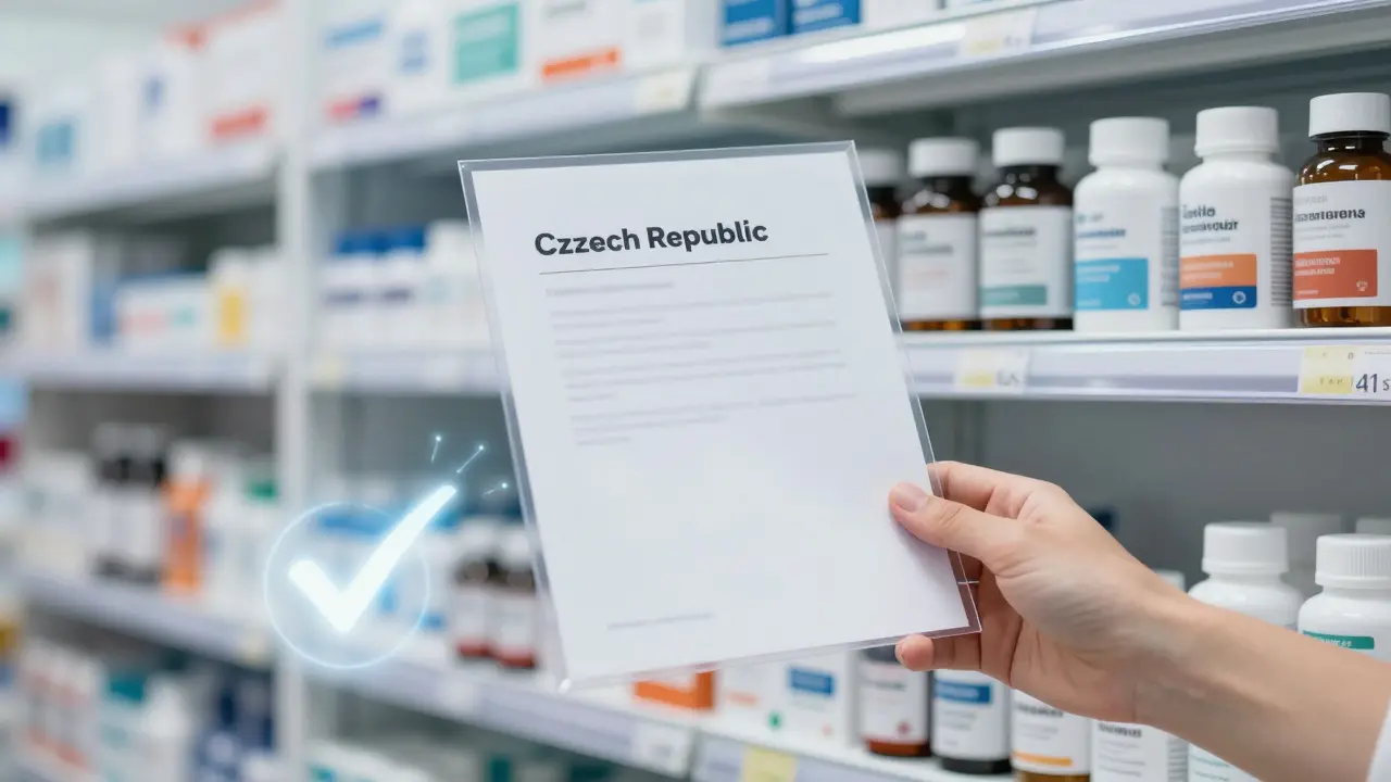 Ruka drží certifikát kvality před regálem v lékárně