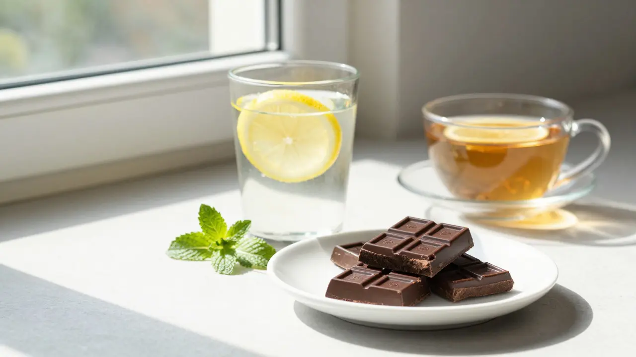 Sklenice vody s citronem a mýta vedle tmavé čokolády pro vyvážený snack