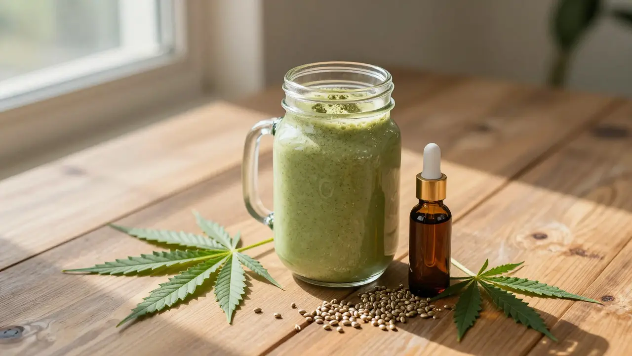Smoothie s konopným proteinem a lahvička CBD oleje na dřevěném stole