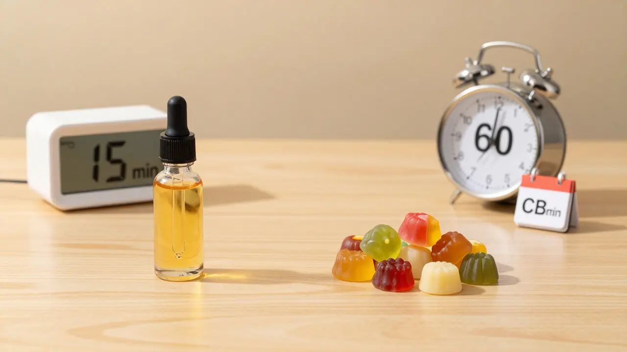 Srovnání CBD oleje a gummy pastilek na dřevěném stole s hodinami naznačujícími rychlost účinku
