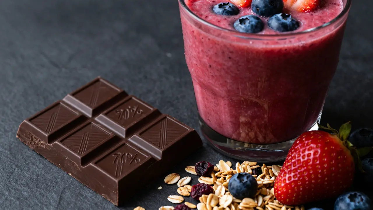 Tmavá čokoláda, ovocné smoothie a domácí granola v makro záběru s dramatickým světlem