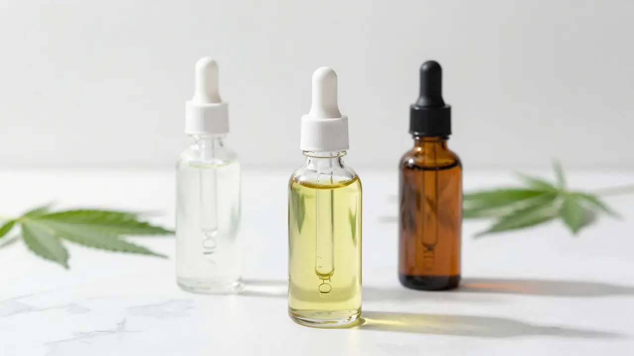 Tri lahvičky s oleji THCV, CBD a THC na bílém mramoru