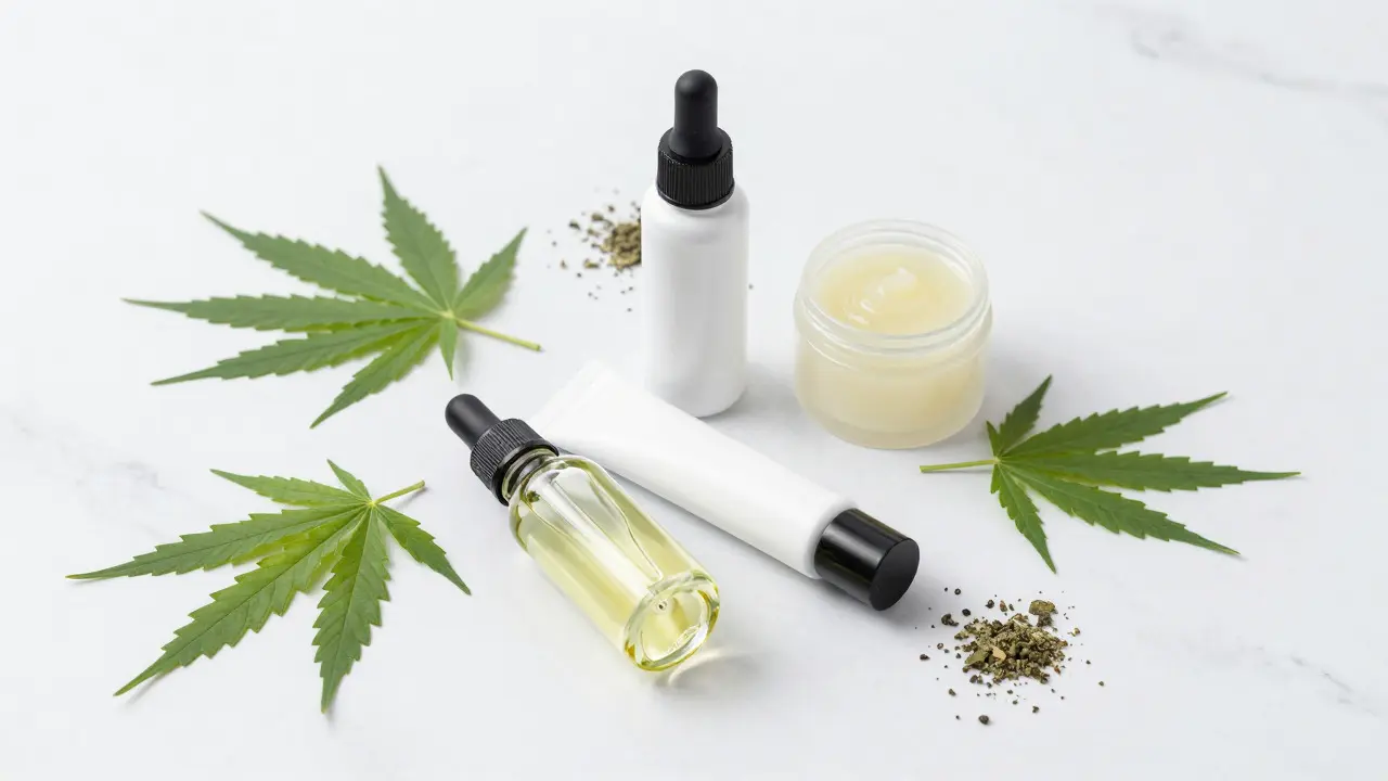 CBD olej, krém a přírodní ingredience na bílém mramoru