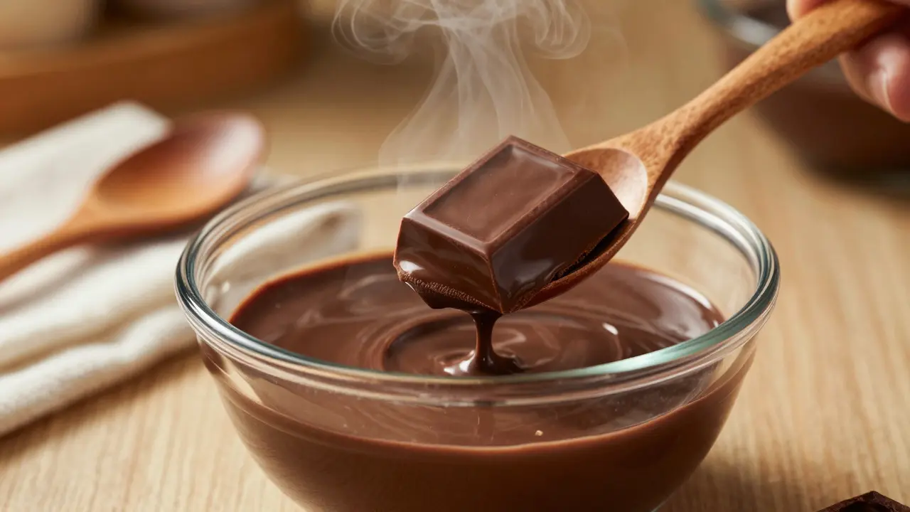 Čokoláda se tání v míse nad horkou vodou (bain-marie metoda)
