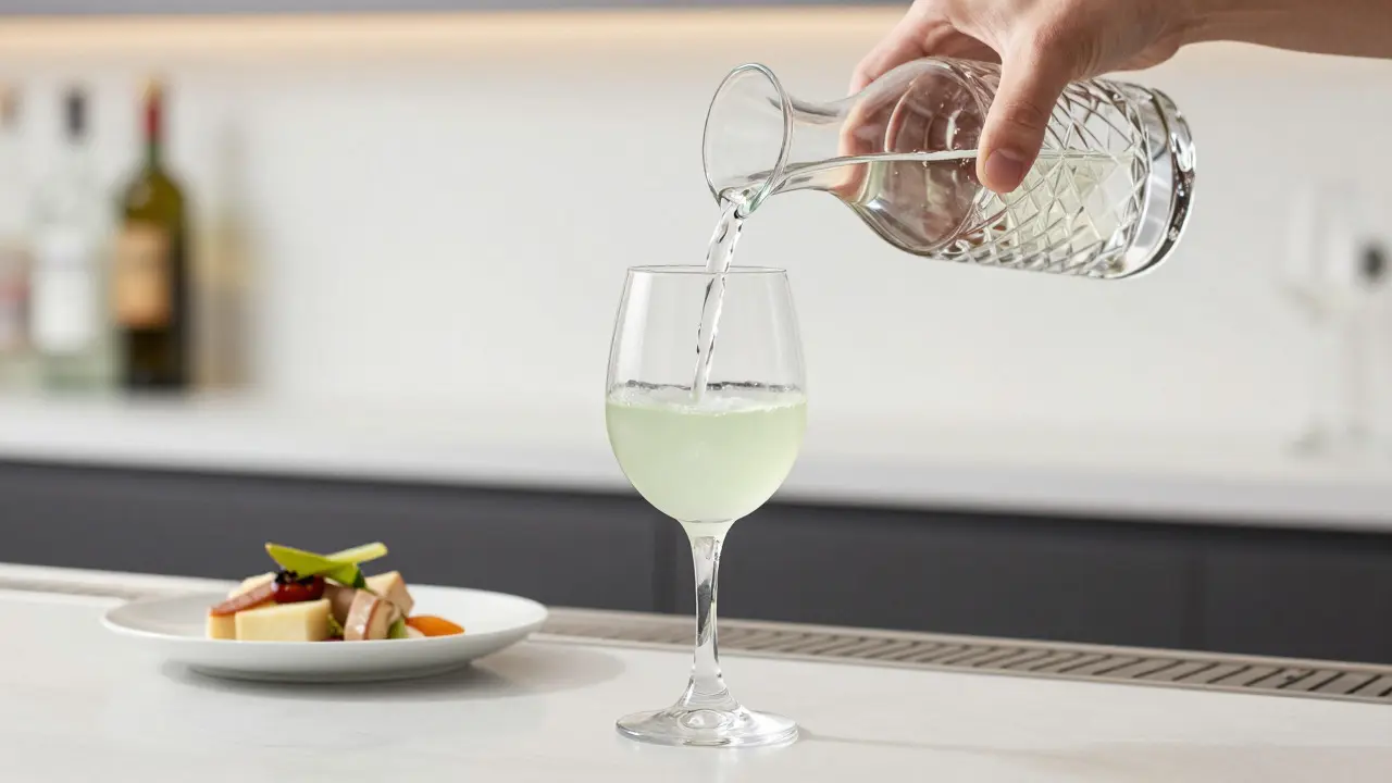 Elegantní nalévání vody do sklenice absintu, vzniká mléčně bílá zákal, moderní podání.