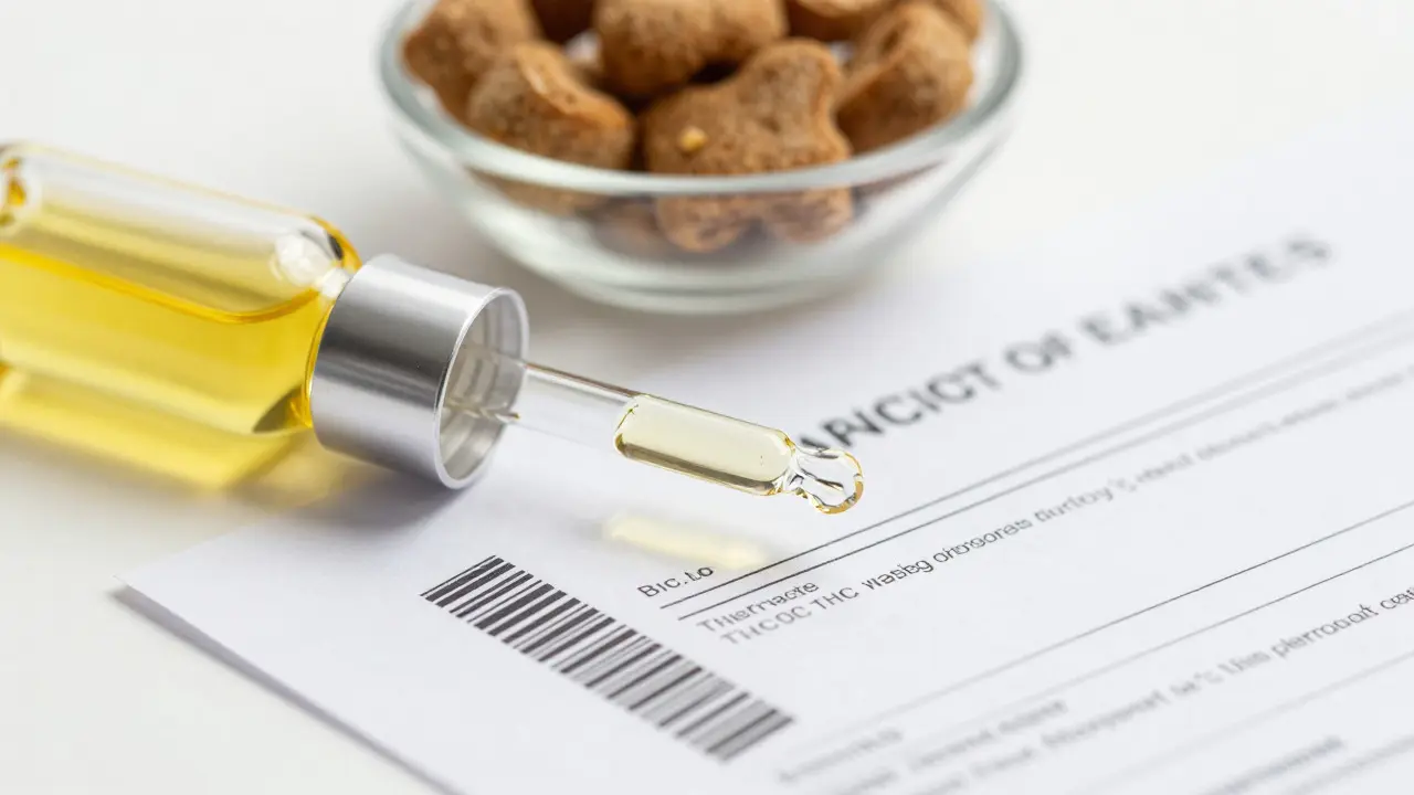 Láhev CBD oleje a certifikát analýzy pro bezpečnost produktů