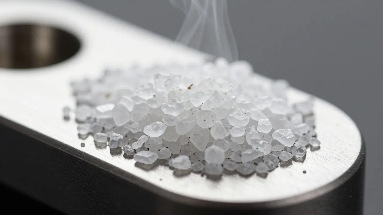 Makro záběr čistých CBD krystalů na moderním vaporizéru