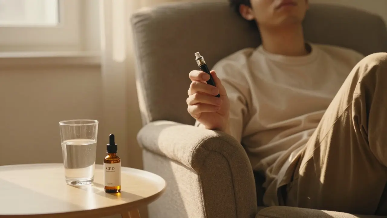 Osoba v křesle drží vape pen a zvažuje alternativy vedle láhve oleje