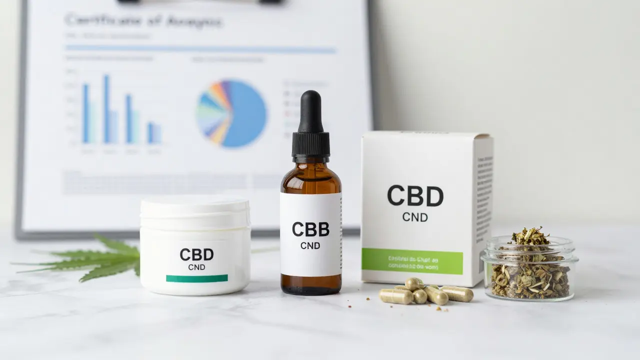 Různé produkty s CBD a rozmazaná laboratorní zpráva