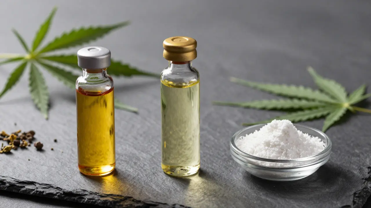 Srovnání plného spektra, širokého spektra a izolátu CBD na kamenném povrchu