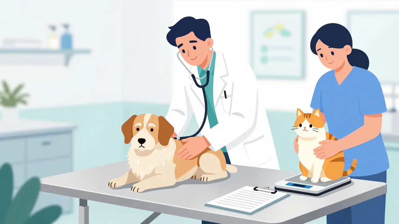 Veterinář kontroluje staršího psa a těhotnou kočku v klinice