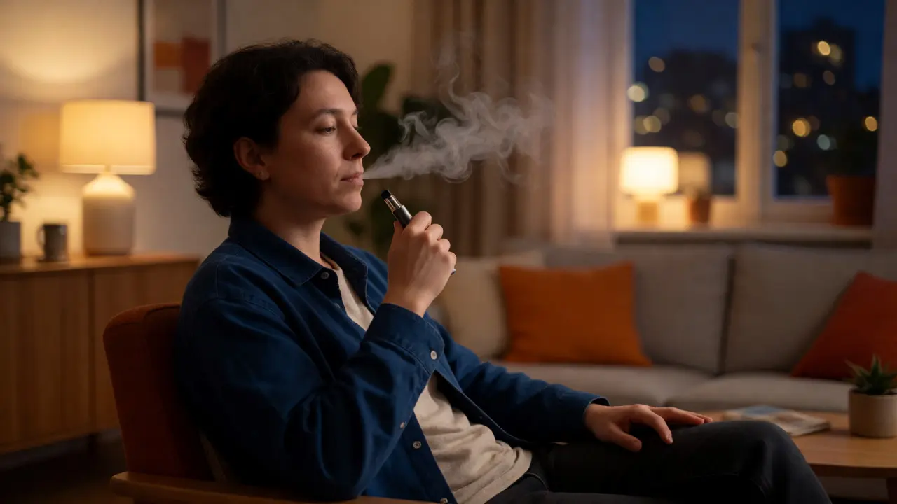 Člověk relaxující večer doma s vapem H4CBD