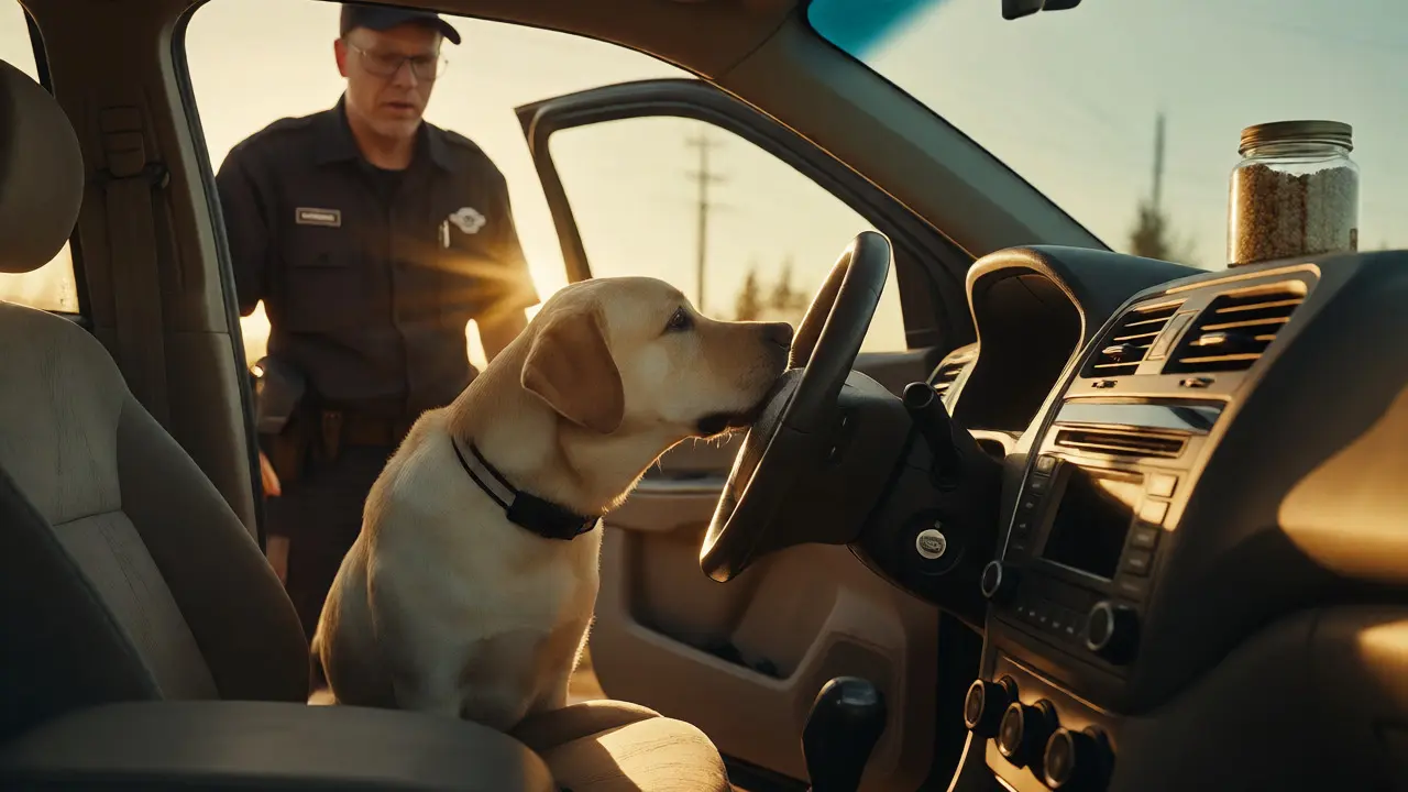 Handler and dog inspecting a car interior with hemp products nearby.
