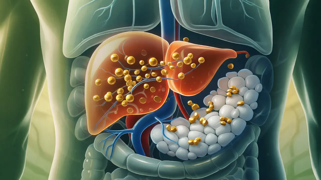 Ilustrace lidského těla s důrazem na játra a tukové tkáně, kde se metabolizuje a ukládá molekula CBD.