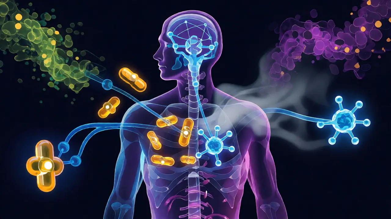 Konceptuální ilustrace interakce CBD s endokanabinoidním systémem