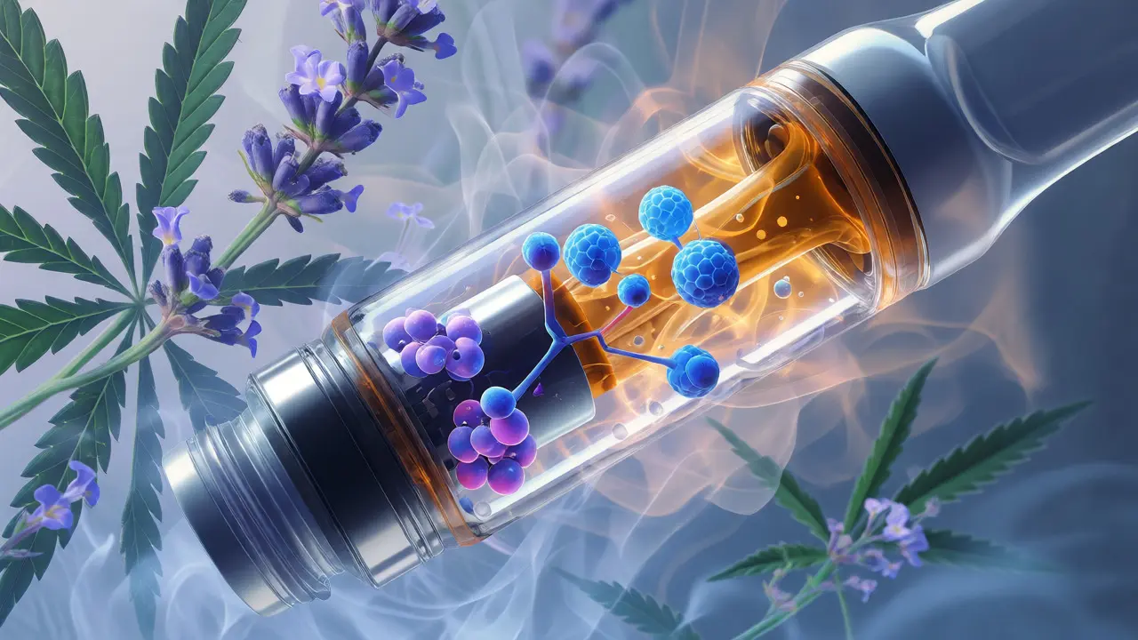 Konceptuální ilustrace molekul CBD a terpenů uvnitř náplně e-cigarety