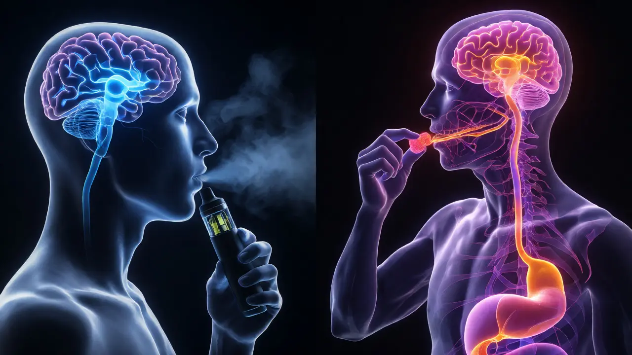 Konceptuální znázornění metabolického rozdílu mezi vapováním a pojídáním konopí