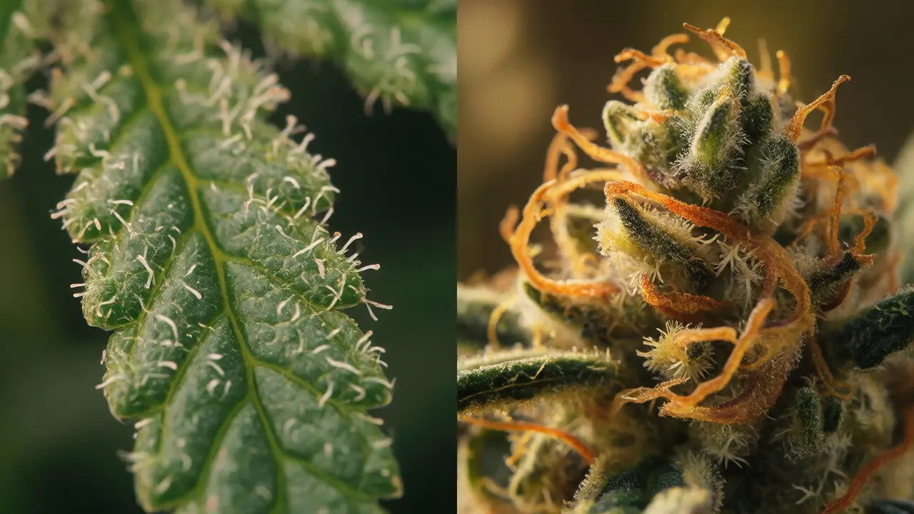 Macro comparison of hemp leaf trichomes versus dense marijuana buds.