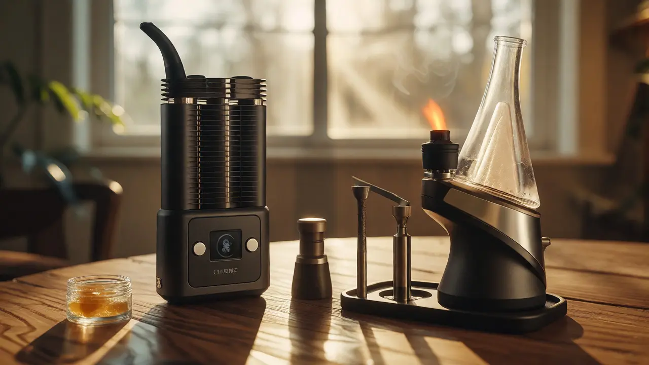 Moderní vaporizér a nástroje pro koncentráty na stole