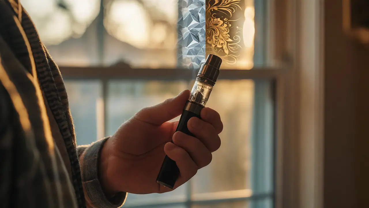 Osoba s vaporizérem symbolizující volbu mezi čistotou a plným spektrem
