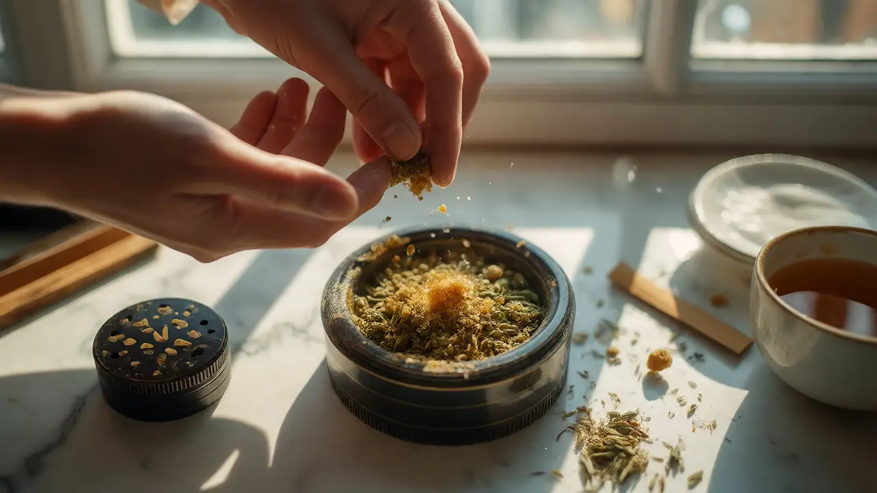 Ruce rozdrcují CBD crumble do bylinkového spoje ve slunném interiéru.