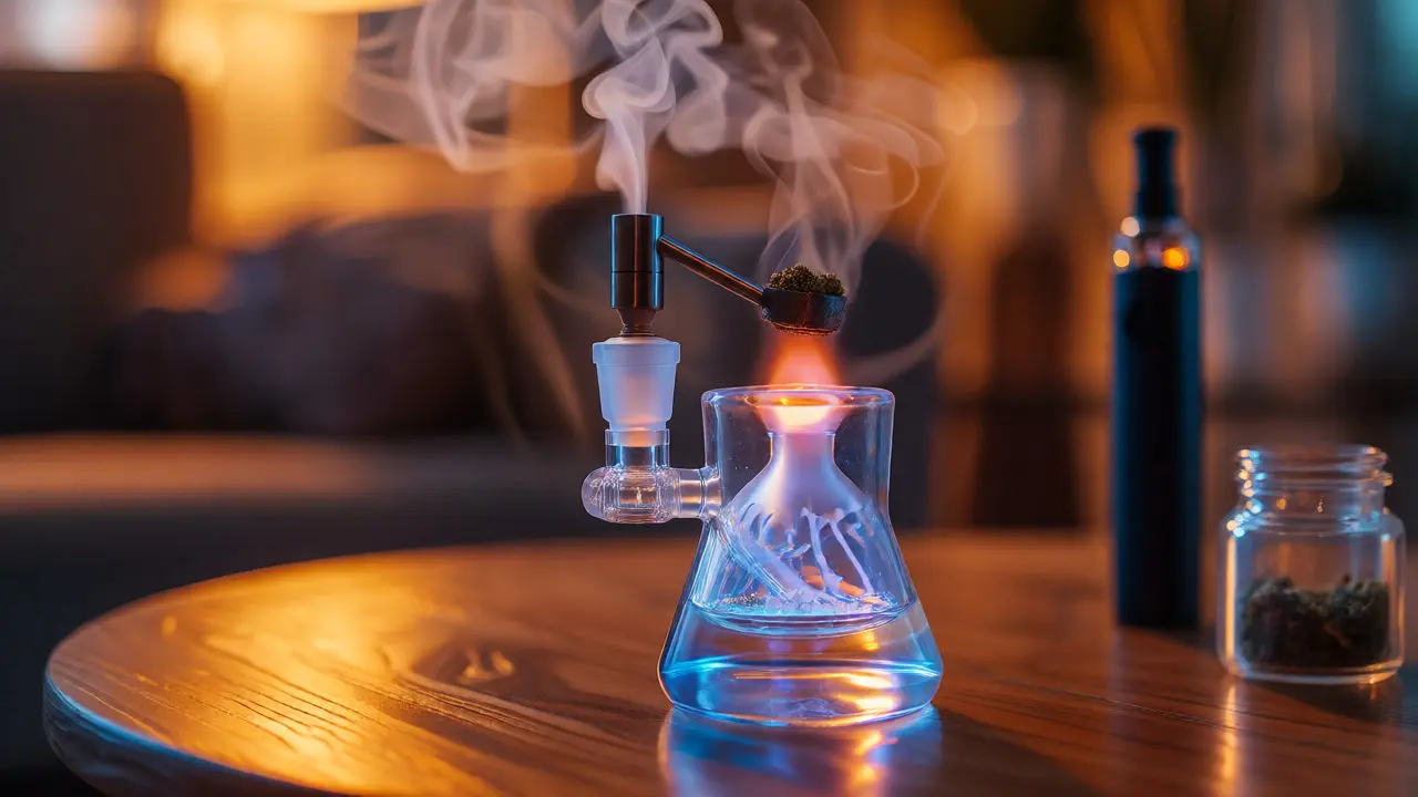 Skleněný dab rig s hřejícím se hrotem a stoupající párou v útulném prostředí.
