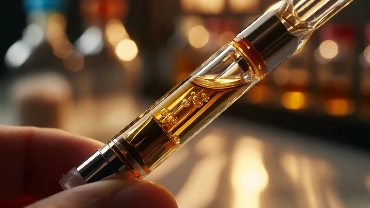Close-up of a glass cartridge filled with golden amber Delta-8 oil.