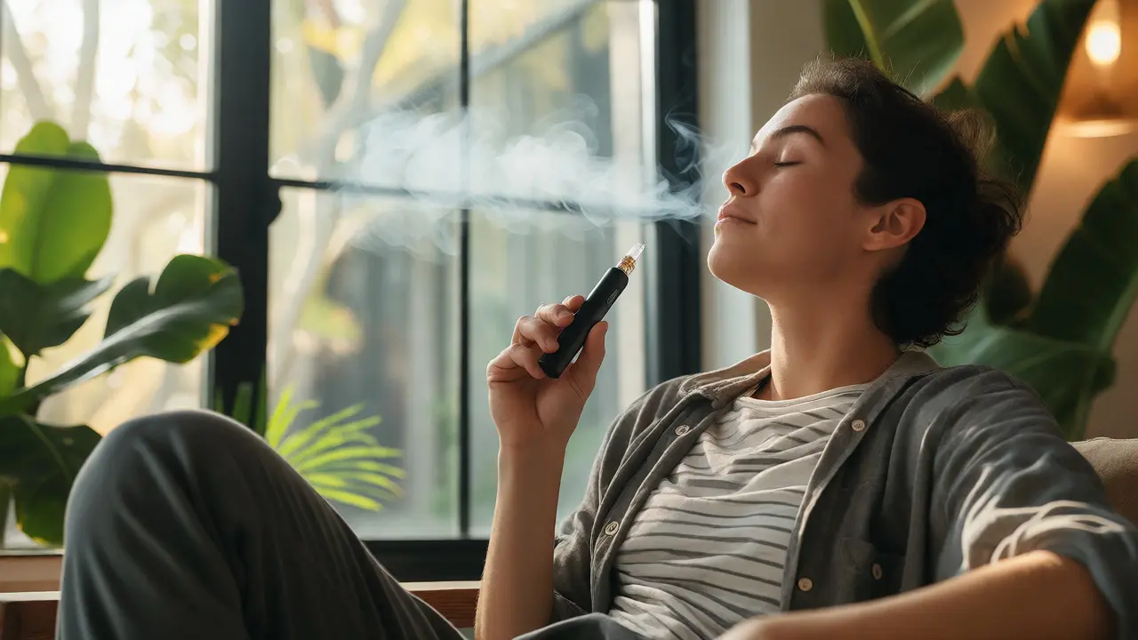 Člověk v klidu u okna drží diskrétní e-dab pen s jemným obláčkem páry.