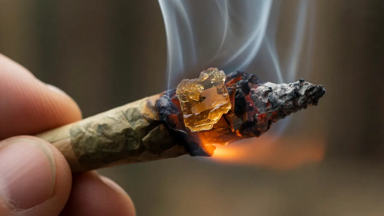Hořící joint s tabákem a kouskem tvrdého CBD koncentrátu.