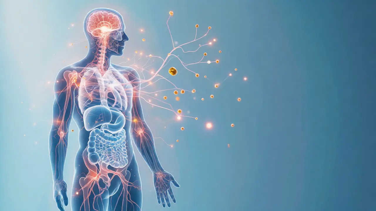 Ilustrace endokanabinoidního systému s molekuly CBD