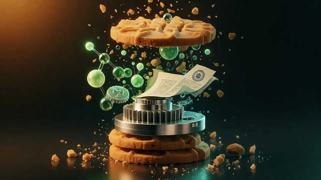 Konceptuální ilustrace rozkladu ceny edibles na molekuly a regulace
